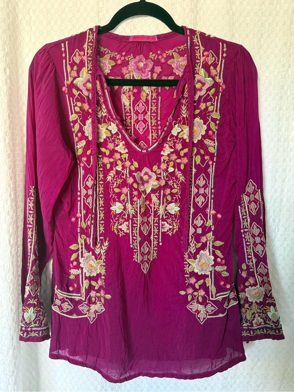 Johnny Was Embroidered Floral Cupra Rayon Boho Tunic Blouse Approx S Magenta - Picture 2 of 7